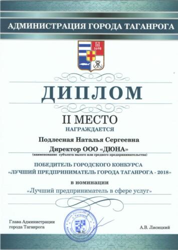 Диплом Лучший предприниматель Таганрога 2018