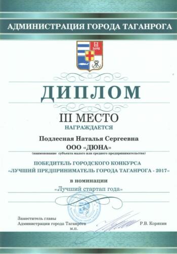 Диплом лучший предприниматель Таганрога 2017